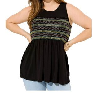 Sleeveless Black Knit Top with Multicolor Smocked Yoke Torrid size 2/2X